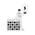 Guy , content plan and light light bulb . subject of social network . black and white linear vogue. Trendy style, Vector