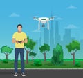 Guy controling aerial quadrocopter drone in the city park. Vector illustration. Royalty Free Stock Photo