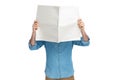 Guy in denim shirt hiding behind newspaper Royalty Free Stock Photo