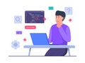 Guy developer character thinking work on laptop create debugging code with flat cartoon style.