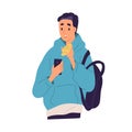Guy with disappointed face expression read bad news at smartphone vector flat illustration. Shocked male looking at