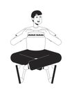 Guy eating sandwich in legs crossed posture flat line black white vector character