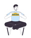 Guy eating sandwich in legs crossed posture flat line color vector character