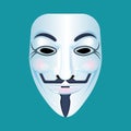 Guy Fawkes mask stylised depiction isolated on blue.