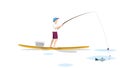 Guy fishing standing on sup board. Landing page illustration