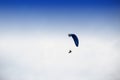 Guy flying on the clearly blue sky by paramotor red kite,extreme activity port. Royalty Free Stock Photo