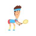 Guy with funny face with racket in hand ready to hit the ball. Young man playing tennis. Flat vector design Royalty Free Stock Photo