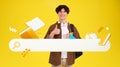 Guy Gesturing Like Near Internet Search And Books, Yellow Background