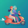Guy and the girl couple are riding the moto scooter. Trendy flat gradient color design vector illustration.