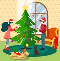 The guy and the girl decorate the Christmas tree at home together in a cozy room with a cat, and it is snowing outside the window.