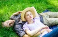 Guy and girl dreamy sleepy enjoy tranquility nature. Couple in love having nap outdoors. Time for nap. Nature fills them