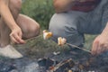 Guy and the girl are frying marshmallows on a campfire. Friends hold sticks with marshmallows over a bonfire. Royalty Free Stock Photo