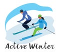 The guy and the girl go skiing from the mountain. Lettering Active Winter