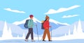 Guy and girl go with their gear into mountains in winter. Man and woman hiking with backpack and stick in snowy forest