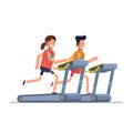 The guy with the girl goes in for sports on a treadmill while listening to music through the phone.