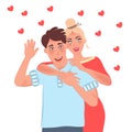 Guy and girl happy hugging and smiling. Family relation. Romantic feelings and love. Vector illustration