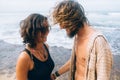 Guy and girl have fun on the beach Royalty Free Stock Photo