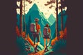 Guy and girl with Hiking Travel Backpack go hiking on wooded mountain slope