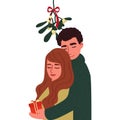 A guy and a girl hug under the branch of mistletoe. Cartoon characters isolated on white background. Vector illustration