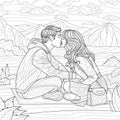 A guy and a girl kiss near the mountains.Coloring book antistress for children and adults.