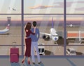 A guy and a girl look out the window at the airport at the planes. Vector