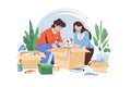 Guy and girl packing stuff in boxes