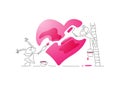 A guy and a girl paint a big pink heart with a brush and a roller on the stairs. Valentine's card. Royalty Free Stock Photo