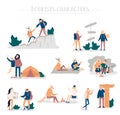 Guy and girl pitching tent, lying in hammock, watch the stars, backpacking. Set of young romantic couples during hiking Royalty Free Stock Photo