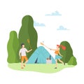 Guy and a girl play badminton at a campsite. Vector illustration.