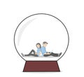 Guy and girl are sitting in a bowl with their backs to each other communicating through gadgets. the concept of relations in the n