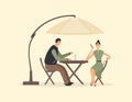 Guy and girl sitting at table in cafe. Boyfriend talking to girlfriend at coffee shop. Lady call on mobile phone. Man and woman in Royalty Free Stock Photo