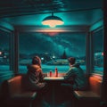 Guy and girl sits by the window inside a deserted diner in the middle of the night