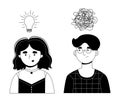 A guy and a girl solve a problem. The girl has a light bulb over her head, an idea came to her. the guy has confused