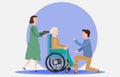 A guy and a girl take care of an old man in a wheelchair. Care for the elderly during a pandemic Royalty Free Stock Photo