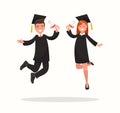 Guy and girl university graduates joyfully bounce.