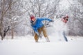 Guy and girl walk and have fun in the forest