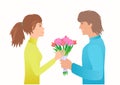 Guy give girl bouquet on the Date.