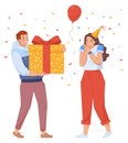 Guy gives gift to girl. Man with surprise congratulates woman on her birthday, vector illustration Royalty Free Stock Photo