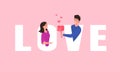 Guy gives the girl a bouquet of hearts. Valentine`s day concept. From letters love couple. Vector illustration Royalty Free Stock Photo