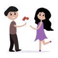 The guy gives the girl flowers. Cheerful childrens illustration. Cartoon couple of lovers isolated on white background. Valentine