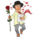 Guy goes with a rose in his hand and reads the letter Royalty Free Stock Photo