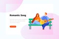 Guy with guitar sings romantic song girl on bench Flat vector illustration. Landing Page design template