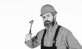 Guy with hammer. Good hammer. Almost every household has hammer. Estimate materials requirements for projects Royalty Free Stock Photo