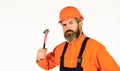 Guy with hammer. Good hammer. Almost every household has hammer. Estimate materials requirements for projects Royalty Free Stock Photo