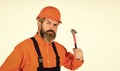 Guy with hammer. Good hammer. Almost every household has hammer. Estimate materials requirements for projects Royalty Free Stock Photo