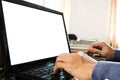 A guy hand using laptop at home office, with copyspace on laptop screen Royalty Free Stock Photo