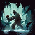 A guy in hat fighting with a monkey in jungle oil painting