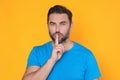 Guy having secret and holding finger on lips. Male model, asks to be quiet. Shh man. Hush shut silent Concept. Mute and Royalty Free Stock Photo