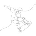 Guy in a helmet doing tricks on a skateboard one line art. Continuous line drawing sports, training, sport, leisure