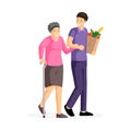 Guy helping old lady vector illustration. Happy aged woman and young man walking together cartoon characters. Son Royalty Free Stock Photo